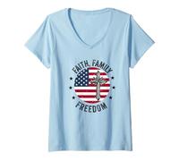 Femme Faith Family Liberté Drapeau américain Patriote USA Christian T-Shirt avec Col en V