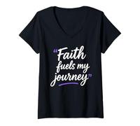 Femme Faith Fuels My Journey Citation Religieuse chrétienne T-Shirt avec Col en V