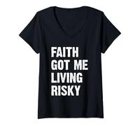 Femme Faith Got Me Living Risky T-Shirt avec Col en V