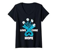 Femme Faith Hope Love Cure Ruban de Sensibilisation au Cancer de l'ovaire Bleu Sarcelle T-Shirt avec Col en V
