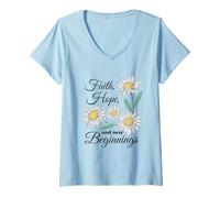 Femme Faith Hope New Beginning Marguerites florales Printemps T-Shirt avec Col en V