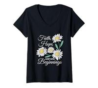 Femme Faith Hope New Beginnings Fleurs de marguerites florales Printemps T-Shirt avec Col en V