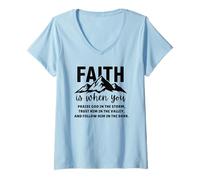 Femme Faith Mountain Citation chrétienne Praise Dieu Écriture Bible T-Shirt avec Col en V