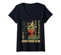 Femme Faith Over Fear - Camouflage chrétien - Femme Afro-américaine Afro T-Shirt avec Col en V