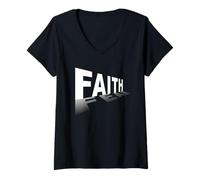 Femme Faith Over Fear - Christian Minimal Text Graphic (Black) T-Shirt avec Col en V
