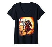 Femme Faith Over Fear - David Goliath Epic Bible Comic Graphic T-Shirt avec Col en V