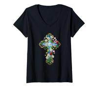 Femme Faith Over Fear Fleurs vitrail Style Croix chrétienne T-Shirt avec Col en V