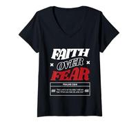 Femme Faith Over Fear Verse de la Bible chrétienne Psaumes Écriture T-Shirt avec Col en V