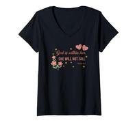 Femme Faith Psaum 46:5 God is Within Her She Will Not Fall Floral T-Shirt avec Col en V