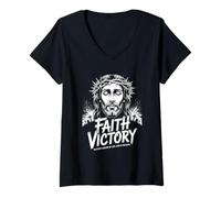 Femme Faith Victory Head of Christ Christian Streetwear T-Shirt avec Col en V