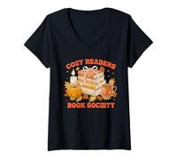 Femme Fall Bibliophile Cozy Readers Book Society T-Shirt T-Shirt avec Col en V