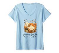 Femme Fall Black Cat Ghosting You for Book Halloween Ghost Reading T-Shirt avec Col en V