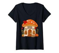 Femme Fall Cozy Cottagecore T-Shirt pour Amoureux des Livres Motif Champignon T-Shirt avec Col en V