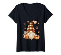 Femme Fall GNOME in Autumn Buffalo Plaid Who Loves Pumpkin Spice T-Shirt avec Col en V