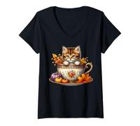 Femme Fall Hot Tea Graphic for Kitten Lover Cute Autumn Coffee Cat T-Shirt avec Col en V