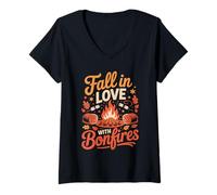 Femme Fall in Love with Bonfires Cozy Vibes T-Shirt avec Col en V