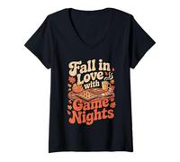 Femme Fall in Love with Game Nights Autumn Board Game Vibes T-Shirt avec Col en V