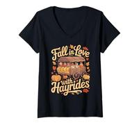 Femme Fall in Love with Hayrides Autumn Leaves Pumpkins Harvest T-Shirt avec Col en V