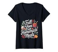 Femme Fall in Love with Homemade Meals Autumn Kitchen T-Shirt avec Col en V