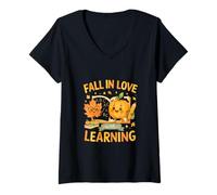 Femme Fall in Love with Learning Cute Autumn Teacher T-Shirt avec Col en V