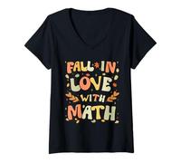 Femme Fall in Love with Math Thanksgiving Teacher Autumn Math T-Shirt avec Col en V