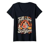 Femme Fall in Love with Storytime Autumn Family Reading T-Shirt avec Col en V