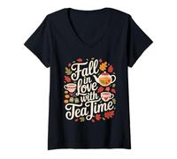 Femme Fall in Love with Tea Time Autumn Leaves T-Shirt avec Col en V