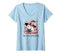 Femme Fall Into a Good Book Cute Ghost Reading Lovers Books Coffee T-Shirt avec Col en V