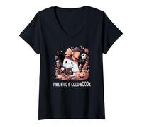 Femme Fall Into a Good Book Ghost Reading Lovers Books and Coffee T-Shirt avec Col en V
