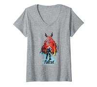 Femme Fallout TV Series Deathclaw Flame Scene with Show Logo T-Shirt avec Col en V