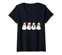 Femme Famille de bonhommes de Neige Joyeux Noël T-Shirt avec Col en V