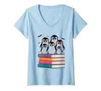 Femme Famille de Pingouins sur des Livres avec Lunettes de Soleil T-Shirt avec Col en V