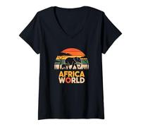 Femme Famille d'éléphants rétro Coucher de soleil Couleurs Afrique Monde T-Shirt avec Col en V