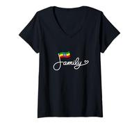 Femme Famille éthiopienne - Art de Mot Patrimoine du Drapeau éthiopien T-Shirt avec Col en V