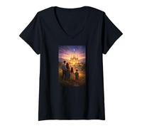 Femme Famille Marchant vers Le Temple Scène Mormon Eternal Path T-Shirt avec Col en V
