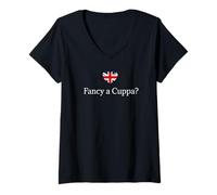 Femme Fancy A Cuppa? Shirt avec Mots Anglais drôles Drapeau Union Jack T-Shirt avec Col en V