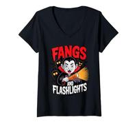 Femme Fangs and Flashlights Vampires Ghost Hunting Halloween T-Shirt avec Col en V