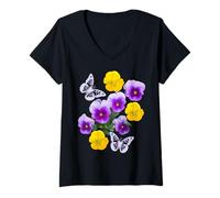 Femme Fantaisie Papillons Blancs Violet Jaune Pensées Formes Mania T-Shirt avec Col en V