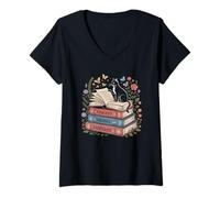 Femme Fantastique Drame Tragédie Chat Livre Amoureux Lecture Humour T-Shirt avec Col en V