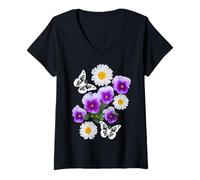 Femme Fantastique Papillons Blancs Marguerites Pensées Noir Formes Mania T-Shirt avec Col en V