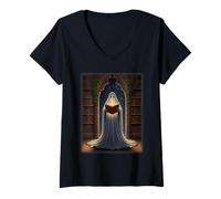 Femme Fantôme bibliothécaire dans Une bibliothèque Gothique Ambiance Magique d'halloween T-Shirt avec Col en V