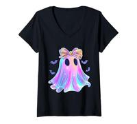 Femme Fantôme coloré Halloween Kawaii T-Shirt avec Col en V