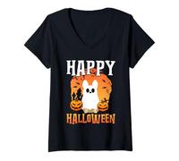Femme Fantôme de Chien Happy Halloween T-Shirt avec Col en V