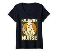 Femme Fantôme d'infirmière d'halloween Mignon avec seringue et stéthoscope 2025 T-Shirt avec Col en V