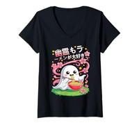 Femme Fantôme Kawaii, Amateur de Ramen, Esprit Floral d'halloween T-Shirt avec Col en V