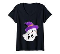 Femme Fantôme Mignon d'halloween Tenant Un Chat Noir T-Shirt avec Col en V