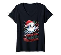 Femme Fantôme sous Le gui Noël Mignon Halloween Vacances Amusantes T-Shirt avec Col en V