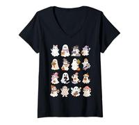Femme Fantômes Mignons avec Animaux de Compagnie et Accessoires d'automne drôles d'halloween T-Shirt avec Col en V