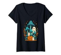 Femme Fantômes Mignons avec des Champignons T-Shirt avec Col en V