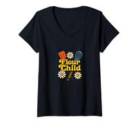 Femme Farine enfant rétro cuisson hippie cuisine groovy boulanger T-Shirt avec Col en V